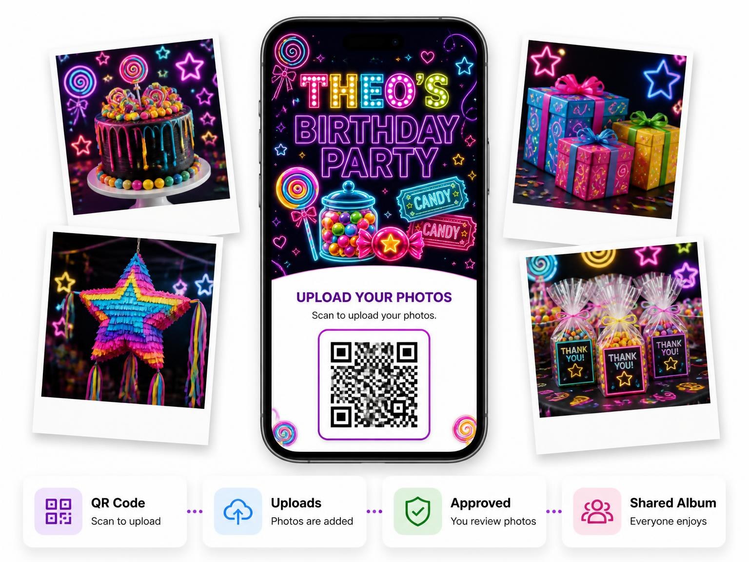 The shared photo gallery that comes with the Neon Candy 3rd Birthday Invitation invitation