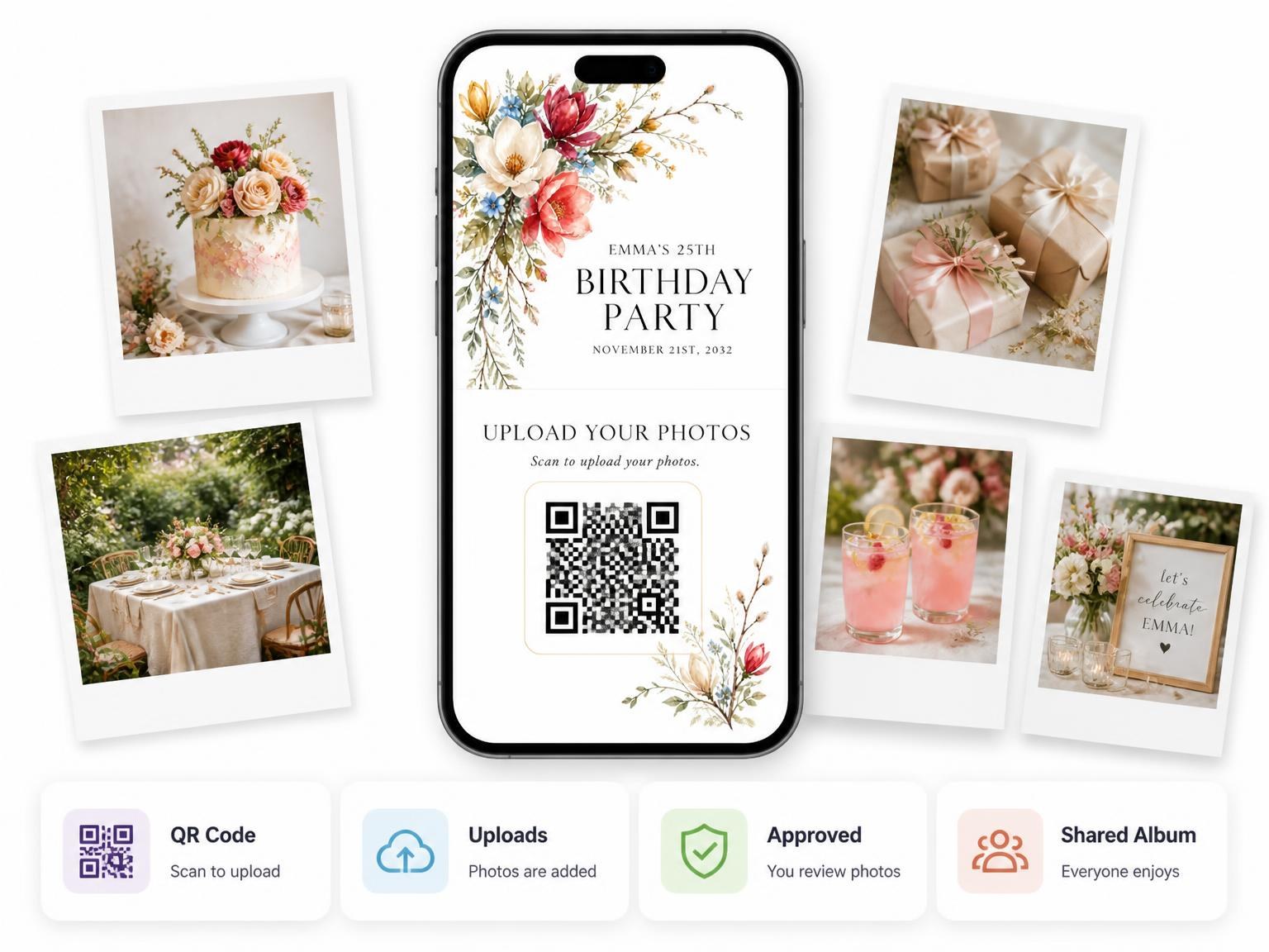 The shared photo gallery that comes with the Botanical Sprig Golden 25th Birthday Invitation invitation