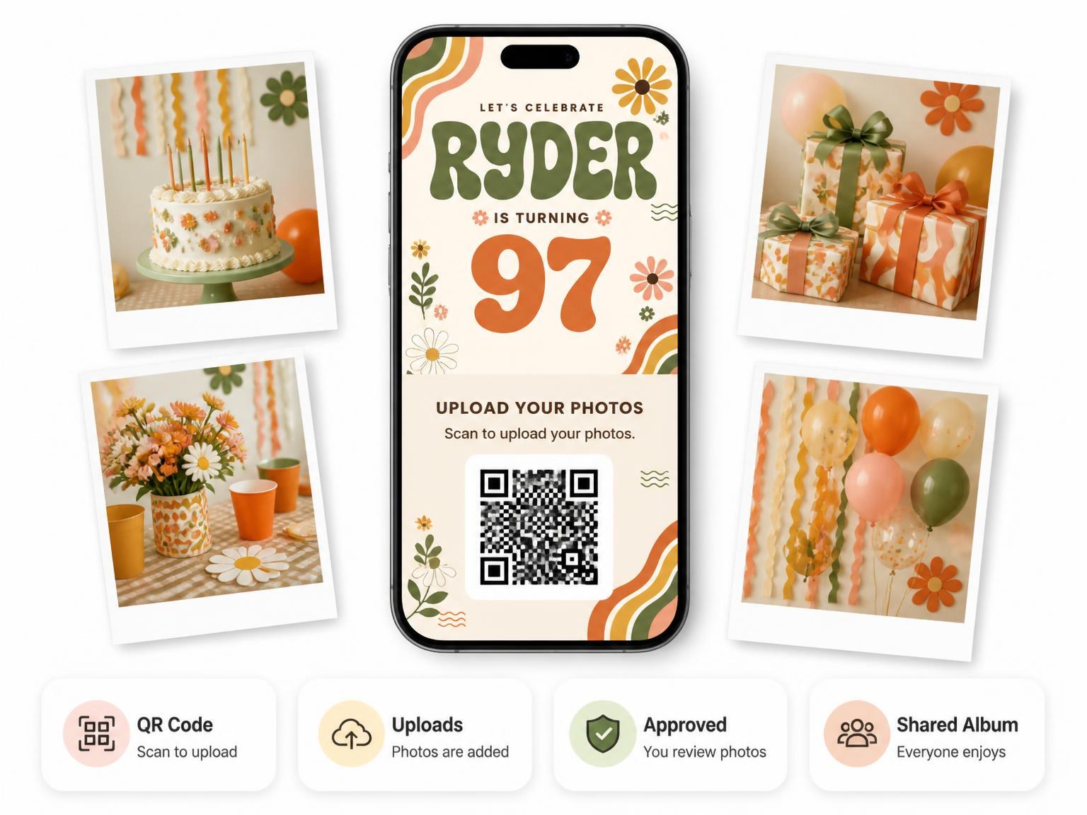 The shared photo gallery that comes with the Groovy Retro 97th Birthday Invitation invitation