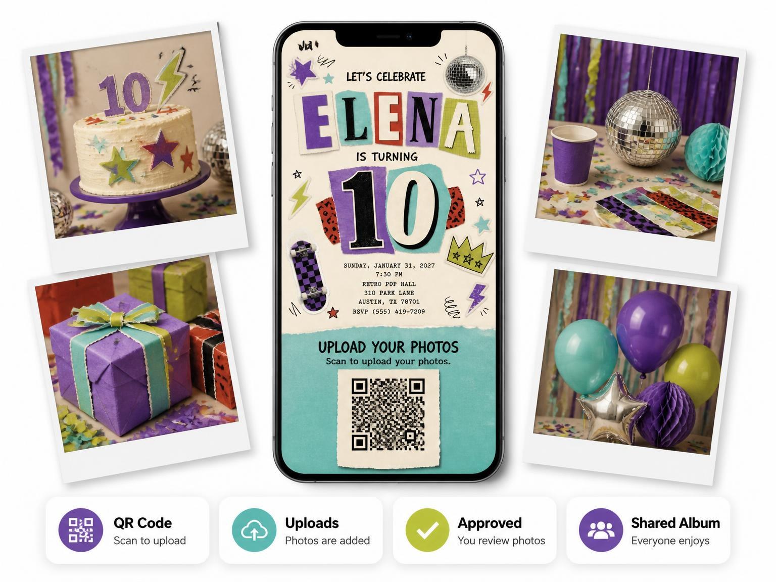 The shared photo gallery that comes with the Retro Paper Collage 10th Birthday Invitation invitation