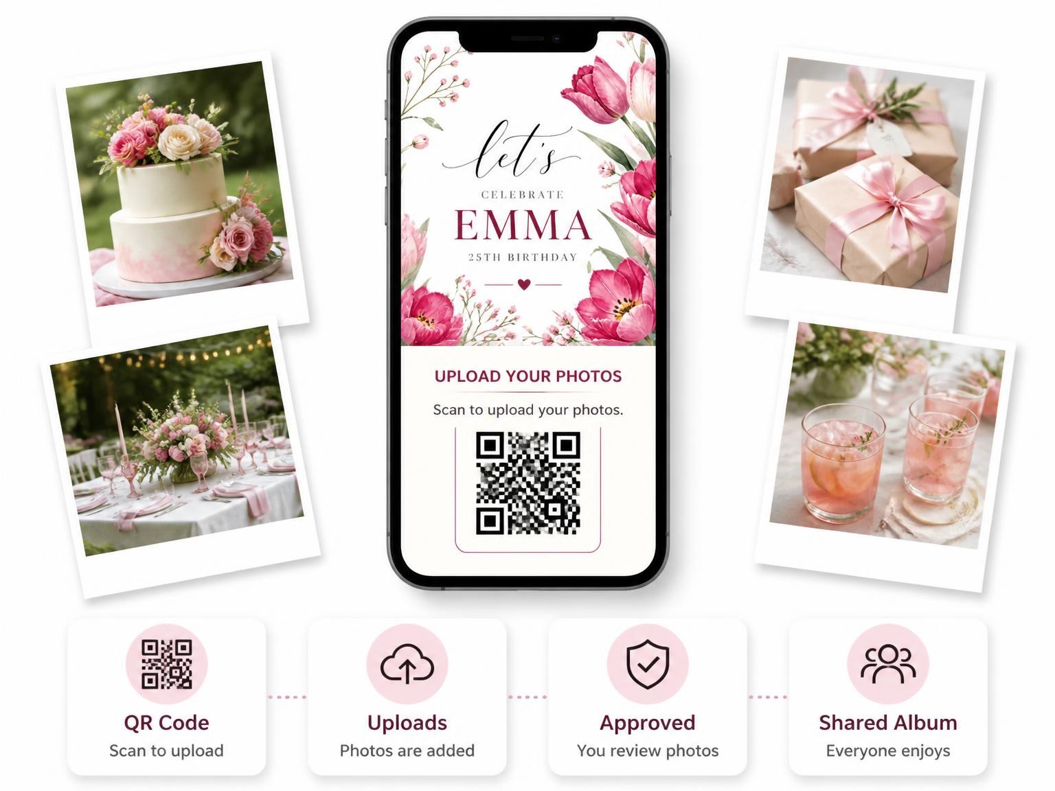 The shared photo gallery that comes with the Fuchsia Tulip Botanical 25th Birthday Invitation invitation