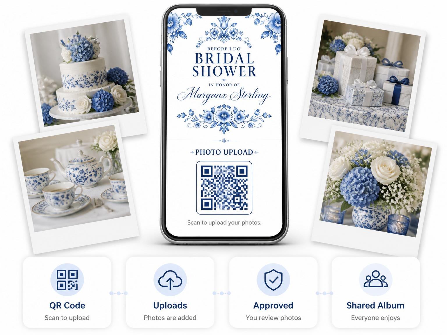 The shared photo gallery that comes with the Blue Delft Floral Bridal Shower invitation