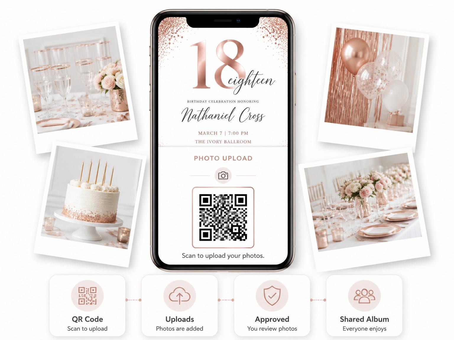 The shared photo gallery that comes with the Rose Gold Metallic 18th Birthday invitation
