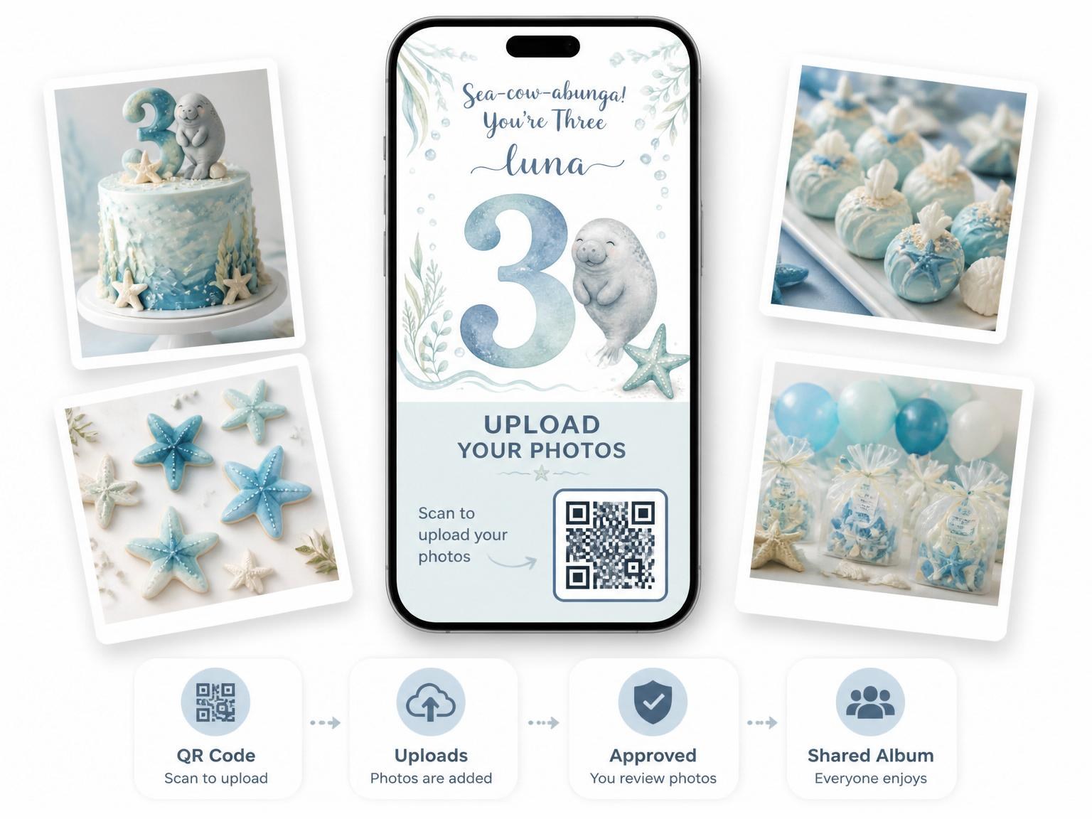 The shared photo gallery that comes with the Blue Watercolor Manatee 3rd Birthday invitation