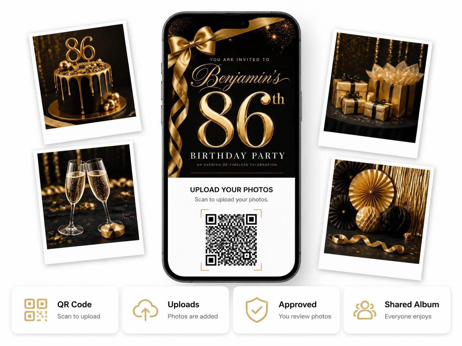 The shared photo gallery that comes with the Black and Gold Ribbon 86th Birthday invitation