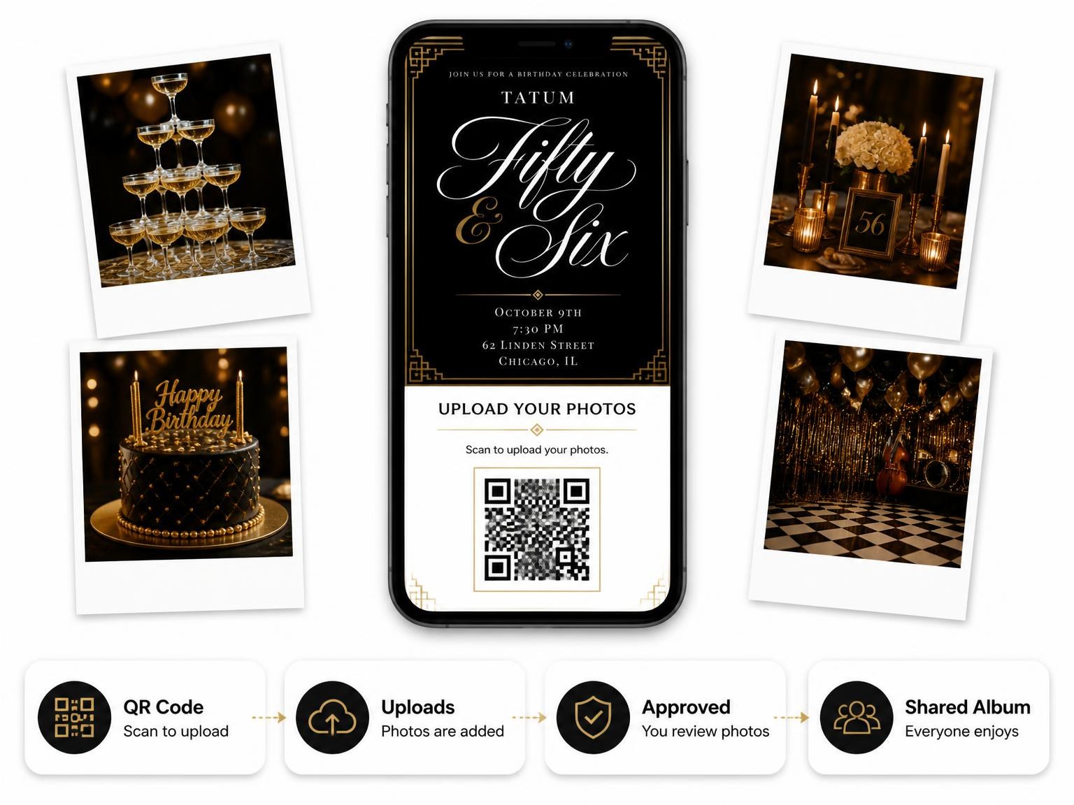 The shared photo gallery that comes with the Art Deco 56th Birthday Invitation invitation