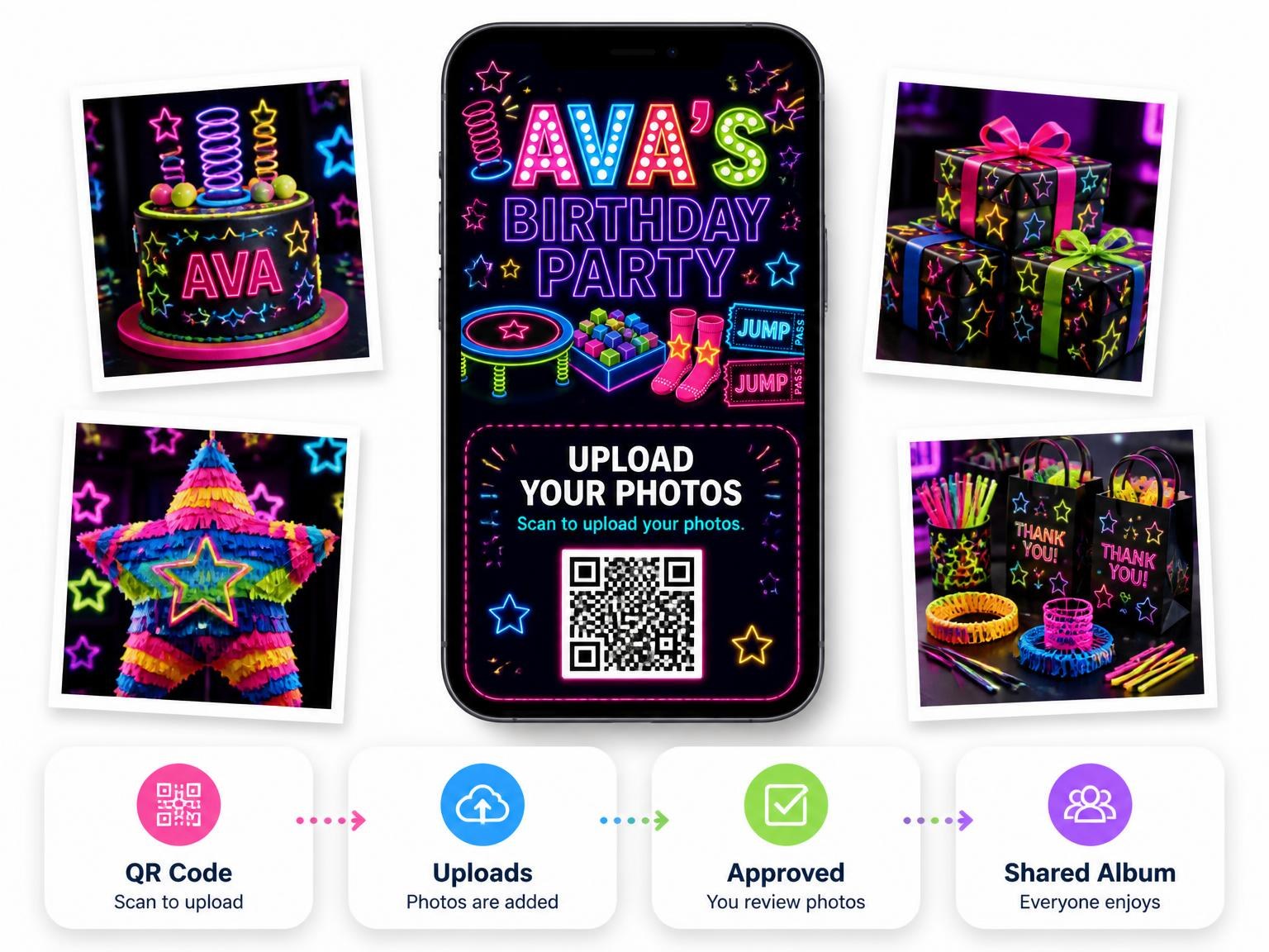 The shared photo gallery that comes with the Neon Trampoline 11th Birthday Invitation invitation