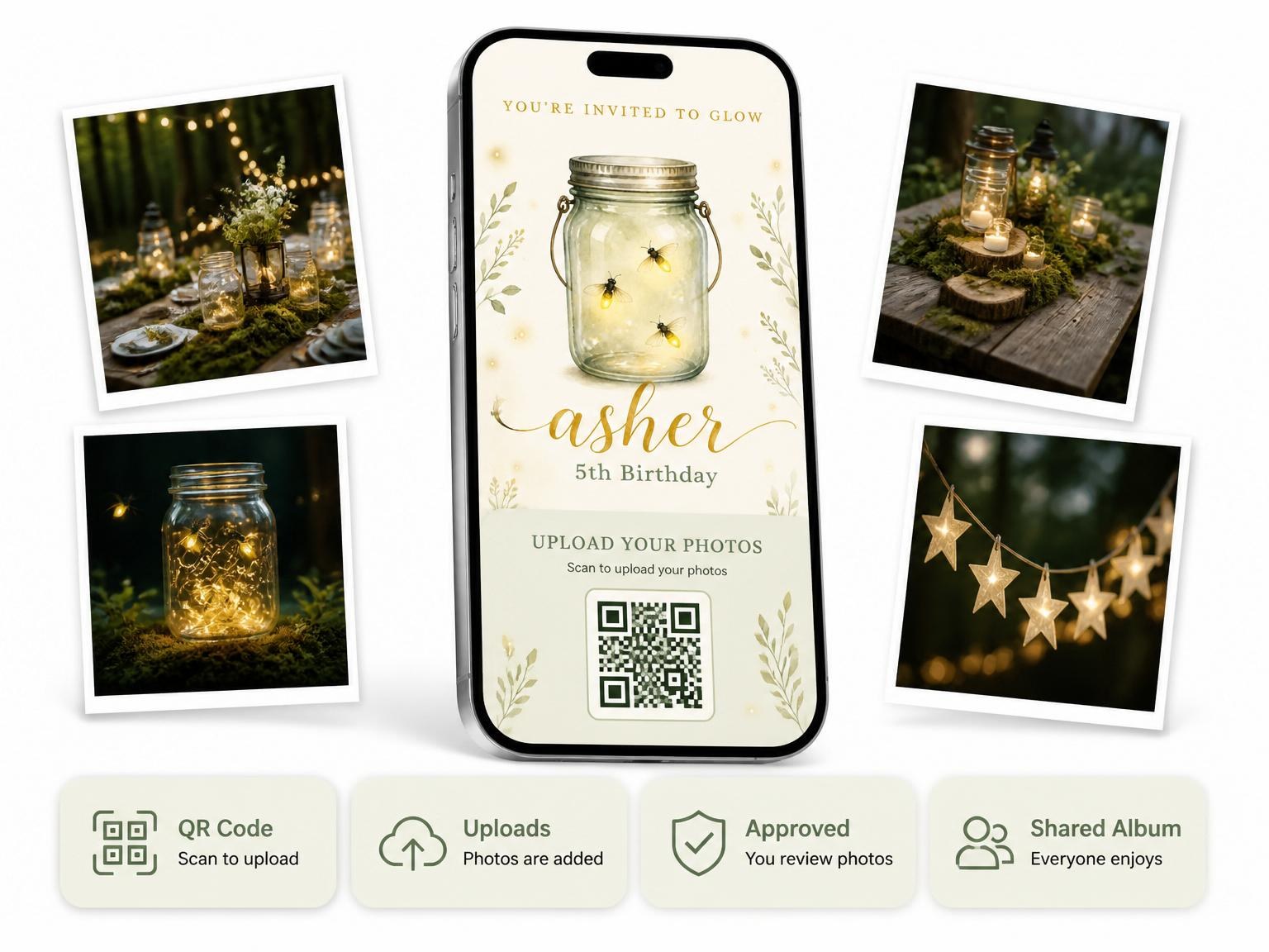 The shared photo gallery that comes with the Gold Sage Firefly Mason Jar 5th Birthday invitation