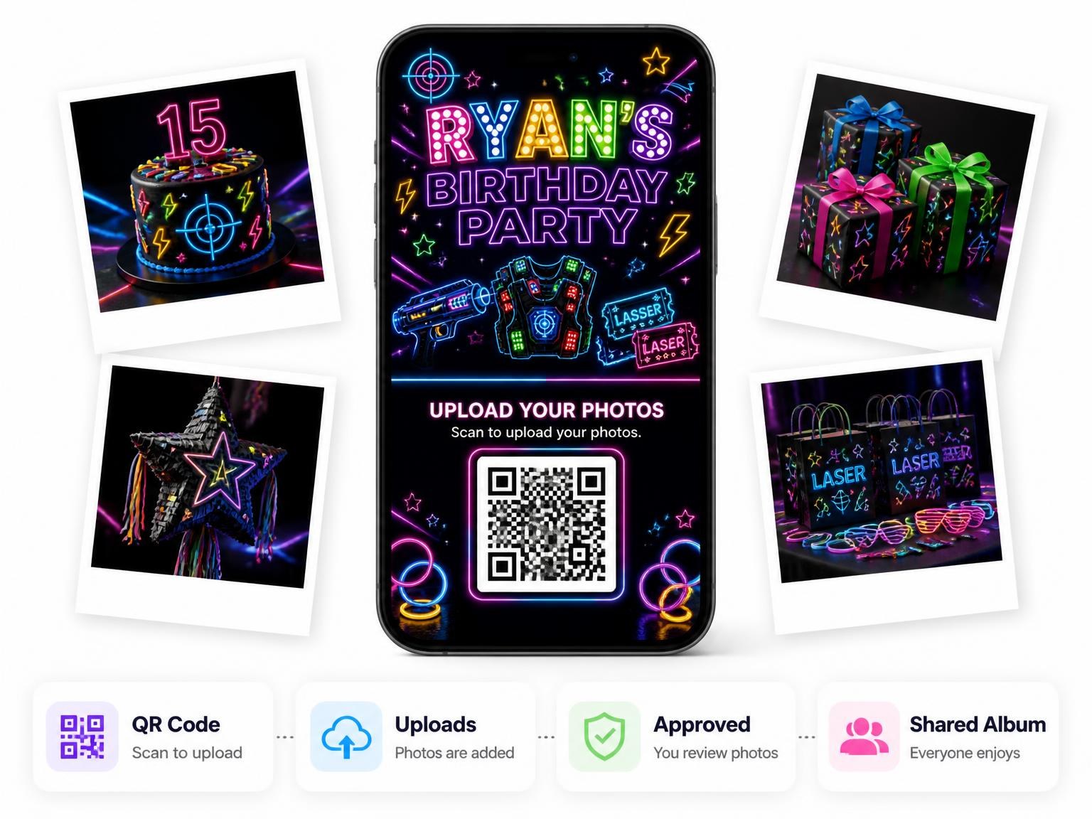 The shared photo gallery that comes with the Neon Laser Tag 15th Birthday Invitation invitation