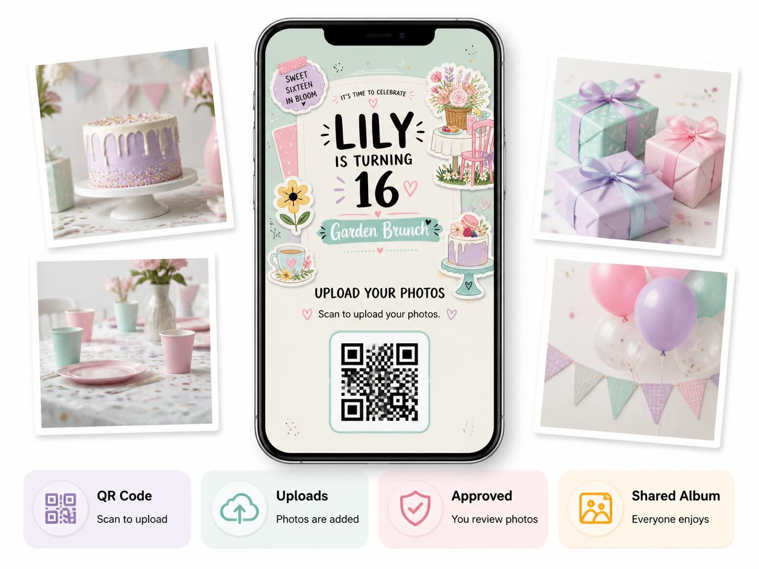 The shared photo gallery that comes with the Pastel Garden Brunch 16th Birthday Invitation invitation