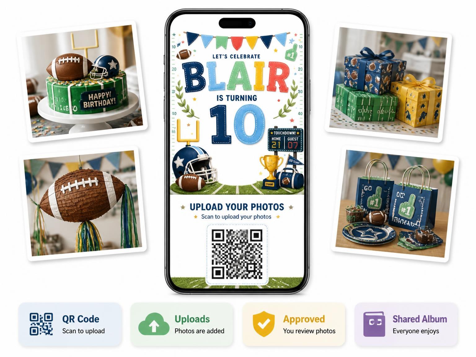 The shared photo gallery that comes with the Stitched Football 10th Birthday Invitation invitation