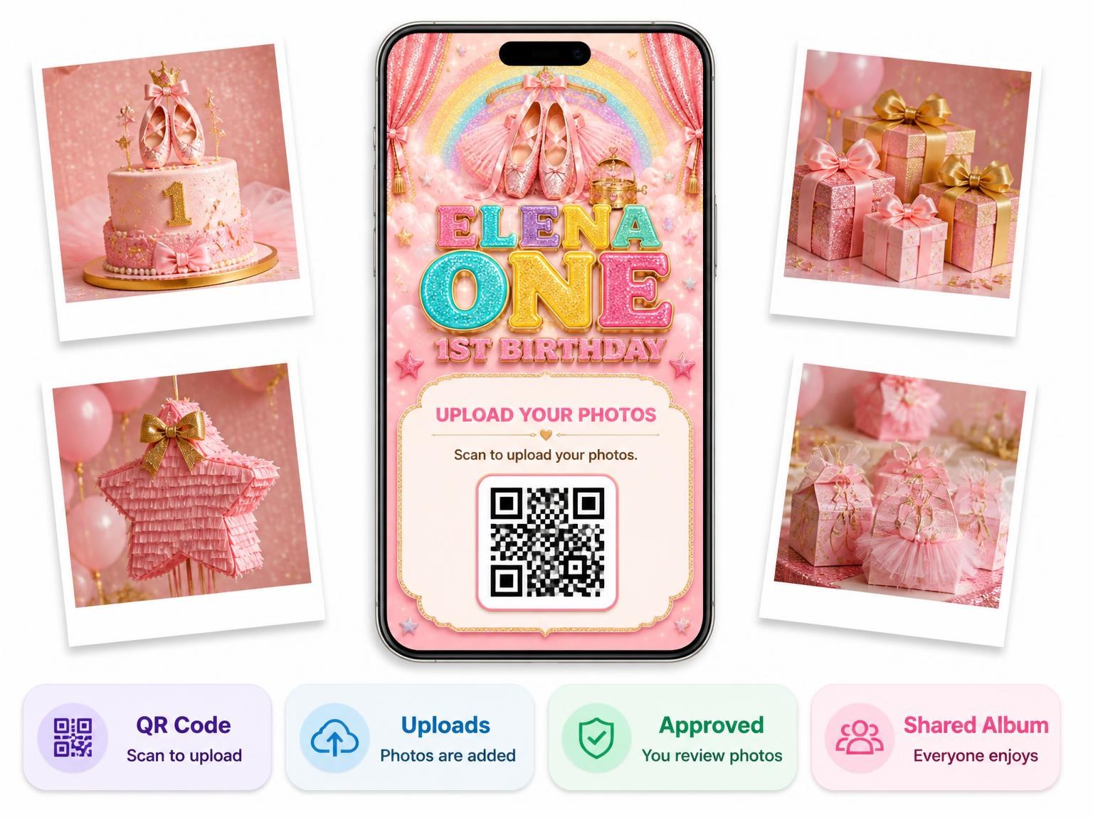 The shared photo gallery that comes with the Glitter Ballet 1st Birthday Invitation invitation