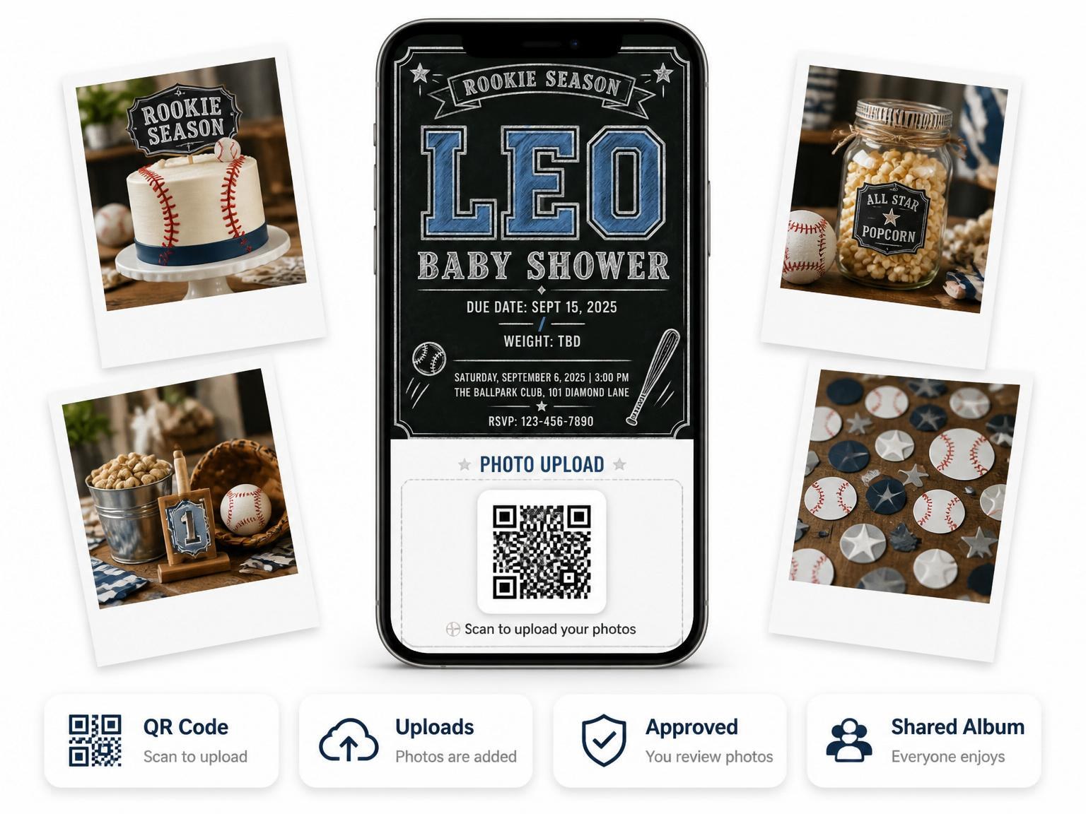 The shared photo gallery that comes with the Chalkboard Varsity Baseball Baby Shower invitation