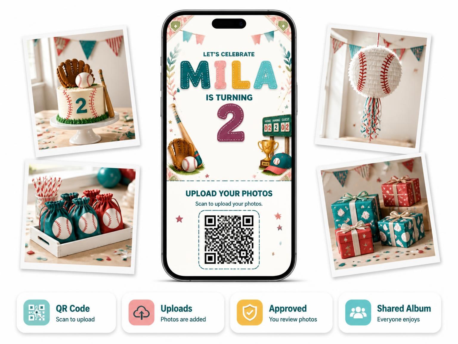 The shared photo gallery that comes with the Stitched Baseball 2nd Birthday Invitation invitation