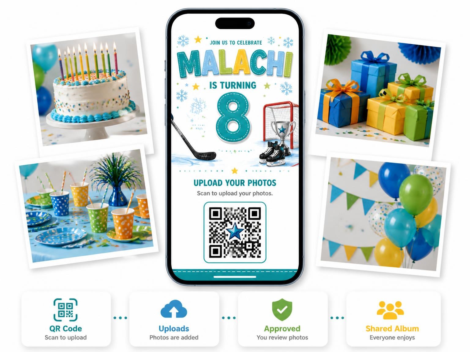 The shared photo gallery that comes with the Hockey Player Stitched 8th Birthday Invitation invitation