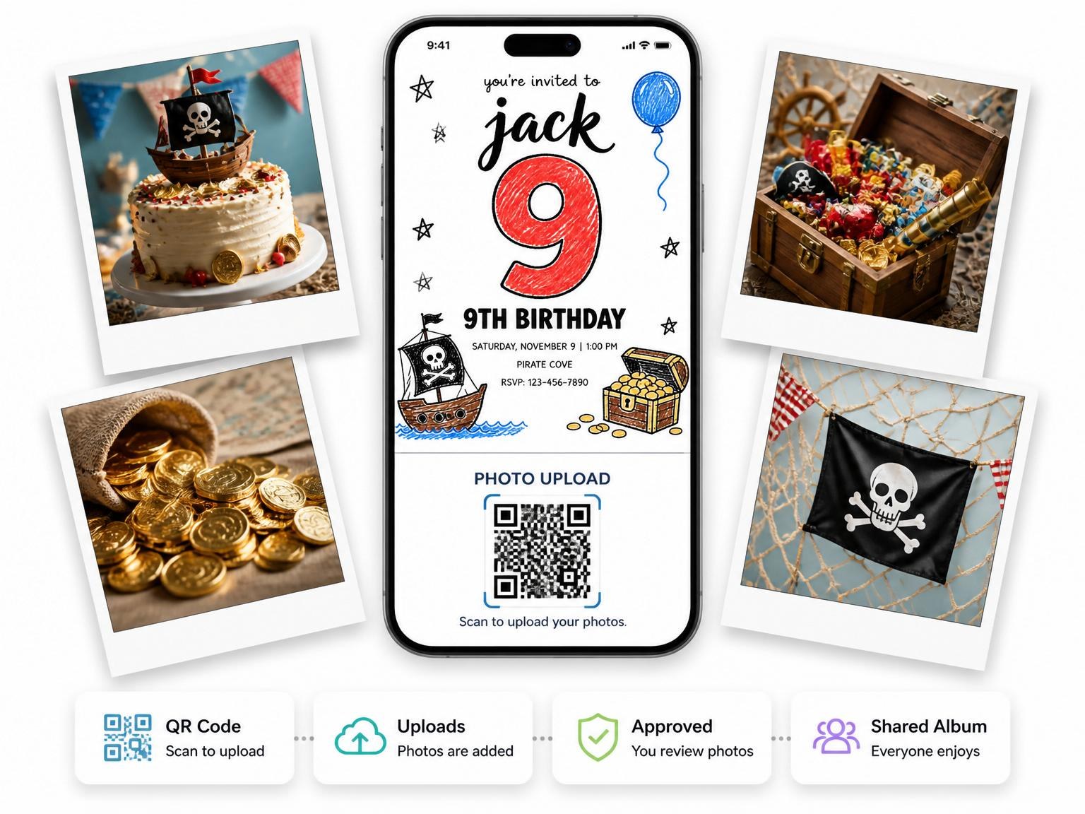 The shared photo gallery that comes with the Crayon Pirate Ship 9th Birthday invitation