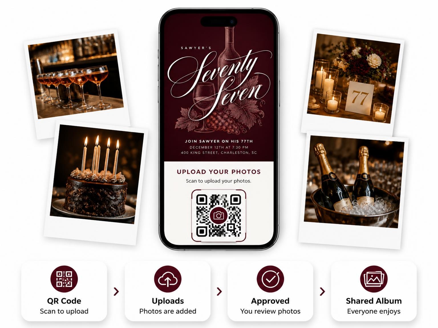 The shared photo gallery that comes with the Burgundy Cocktail 77th Birthday Invitation invitation