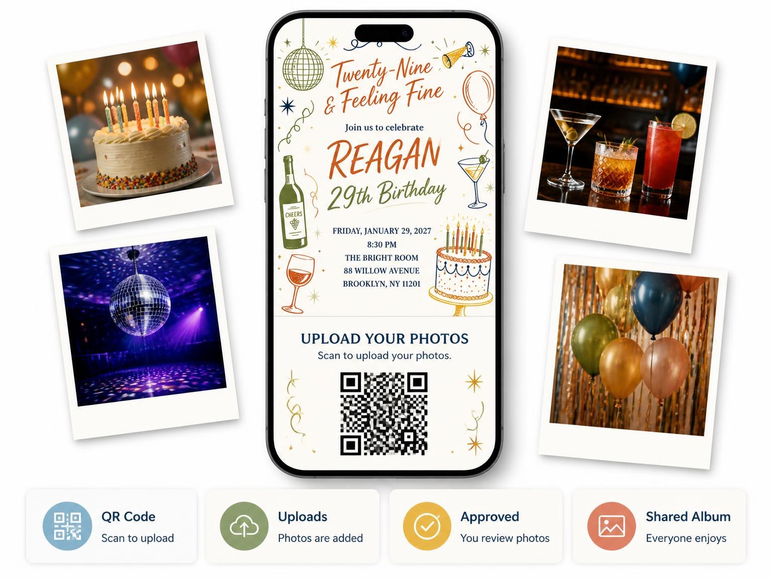 The shared photo gallery that comes with the Retro Doodle 29th Birthday Invitation invitation
