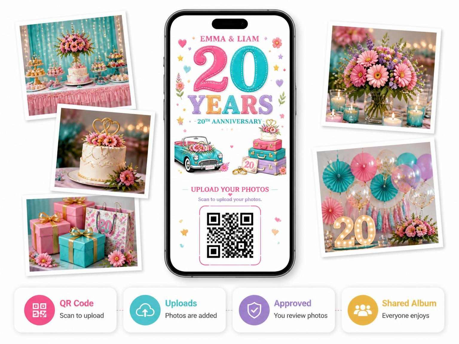 The shared photo gallery that comes with the Vintage Convertible 20th Anniversary Invitation invitation