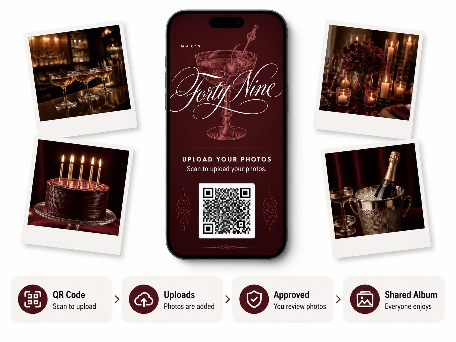 The shared photo gallery that comes with the Burgundy Cocktail 49th Birthday Invitation invitation