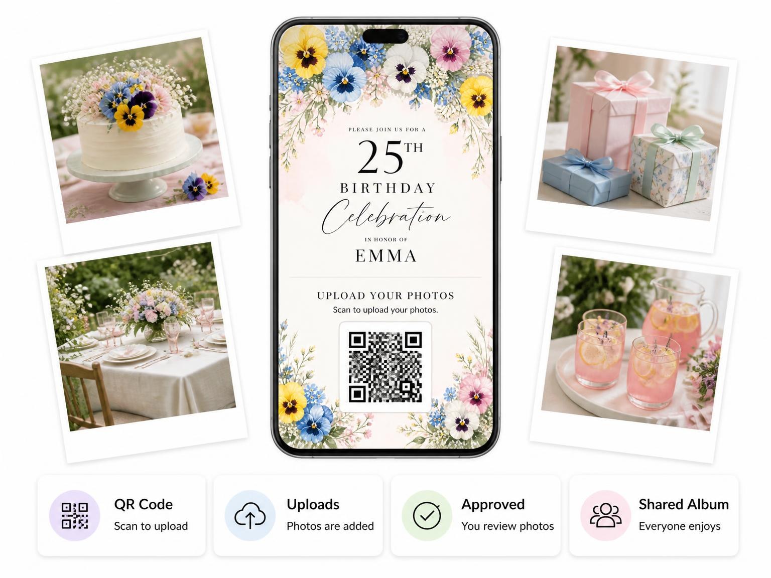 The shared photo gallery that comes with the Spring Floral Bouquets 25th Birthday Invitation invitation