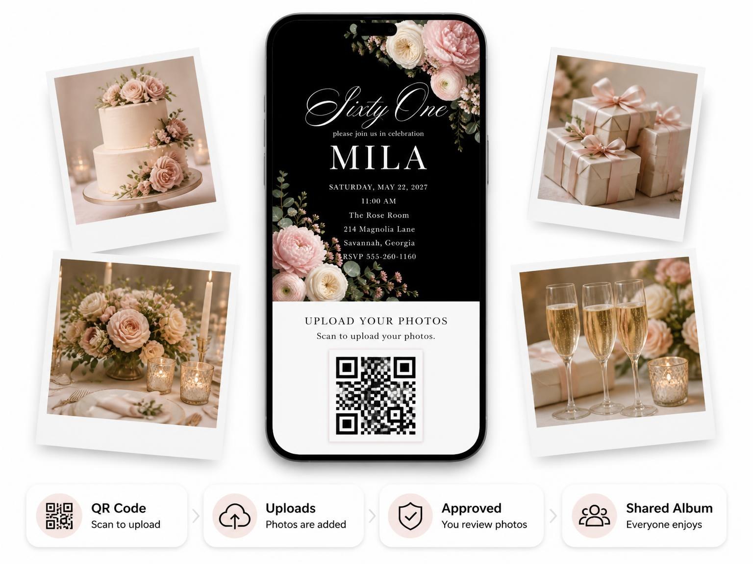 The shared photo gallery that comes with the Black Floral 61st Birthday Invitation invitation