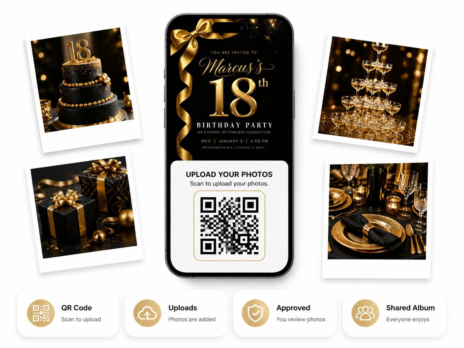 The shared photo gallery that comes with the Black and Gold Ribbon 18th Birthday invitation