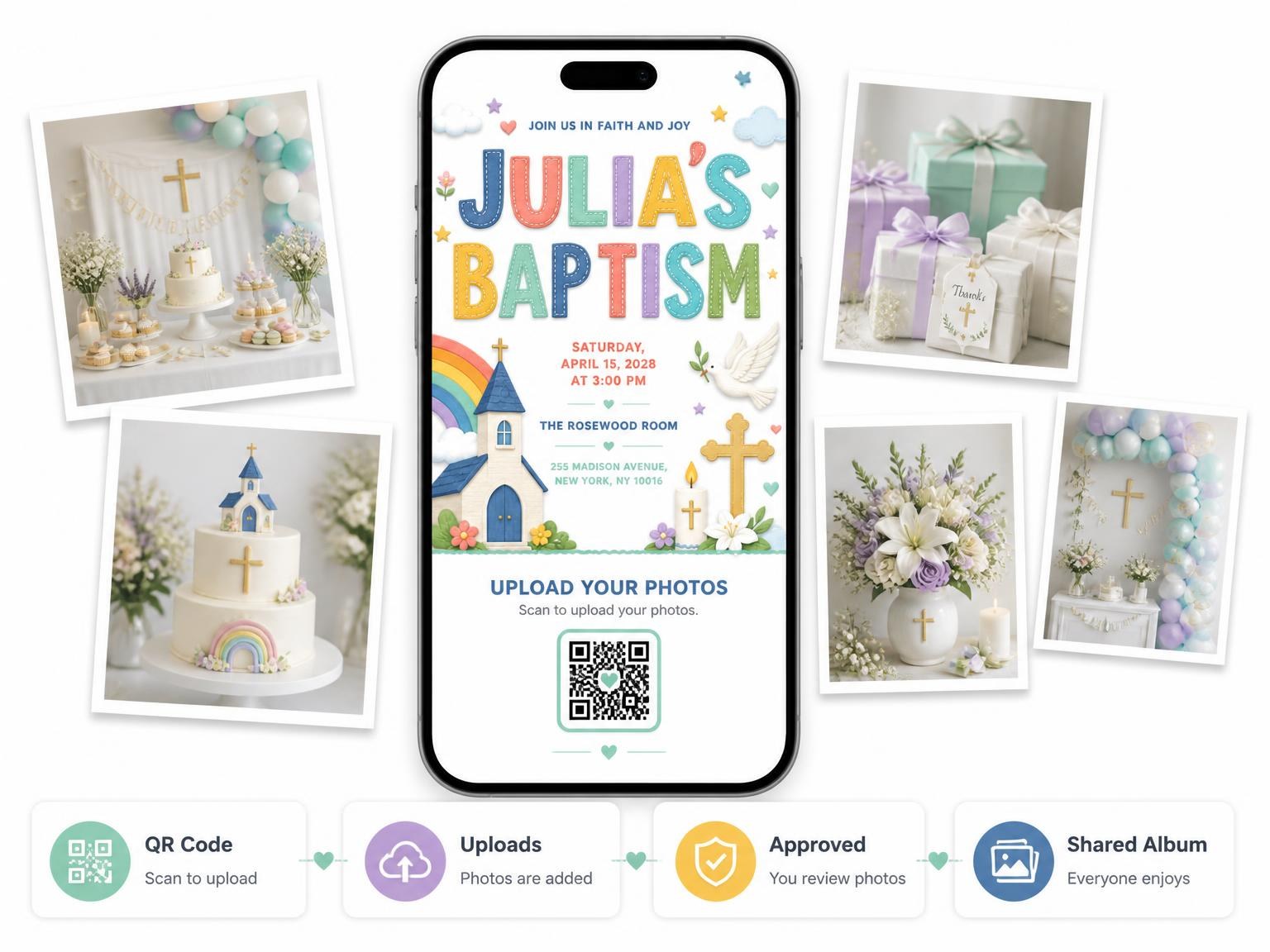 The shared photo gallery that comes with the Rainbow Clouds Baptism Invitation invitation