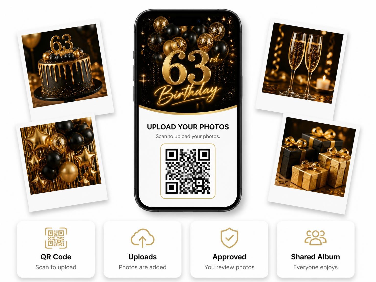 The shared photo gallery that comes with the Black and Gold Balloon 63rd Birthday invitation