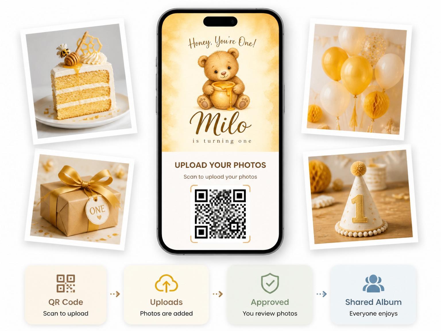 The shared photo gallery that comes with the Vintage Honey Bear First Birthday invitation