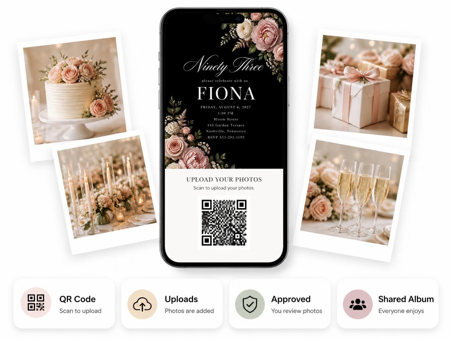 The shared photo gallery that comes with the Black Floral 93rd Birthday Invitation invitation