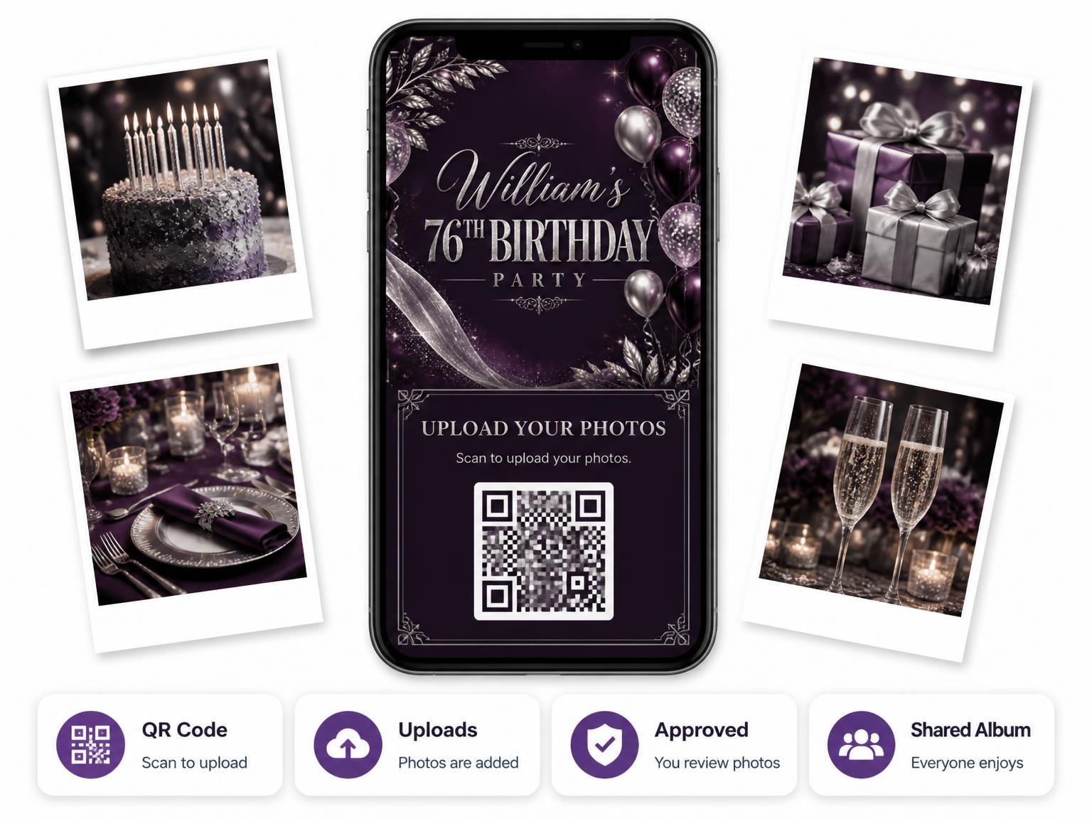 The shared photo gallery that comes with the Plum and Silver 76th Birthday Invitation invitation
