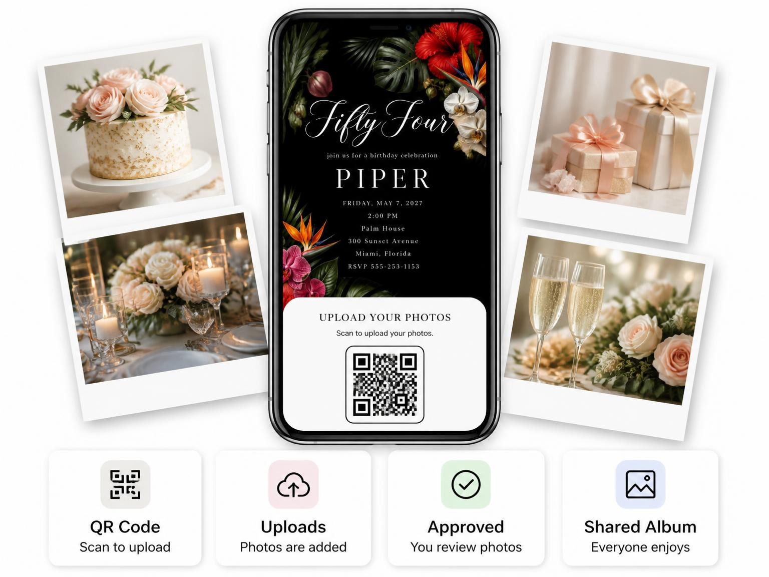 The shared photo gallery that comes with the Black Floral 54th Birthday Invitation invitation