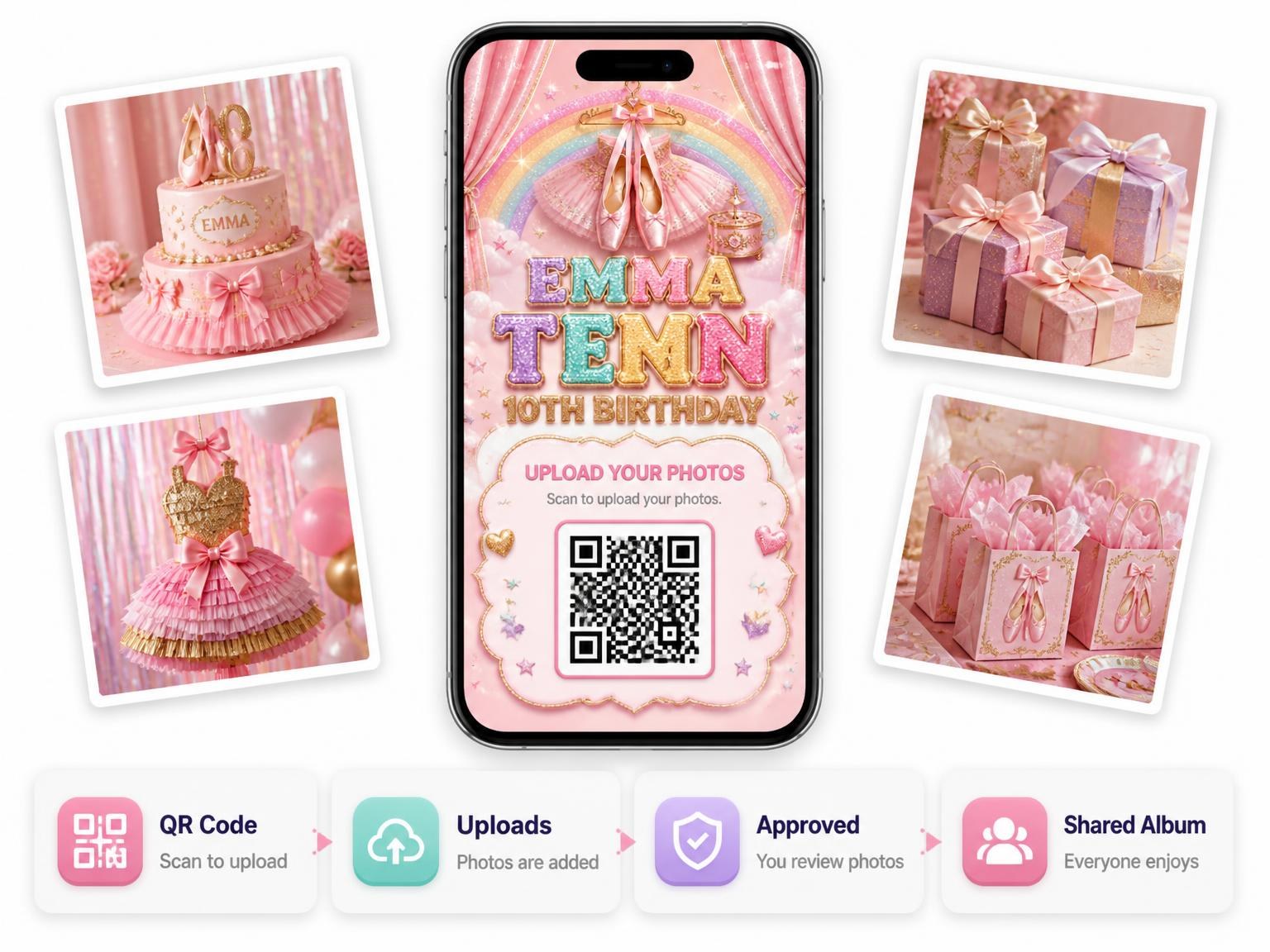The shared photo gallery that comes with the Glitter Ballet 10th Birthday Invitation invitation