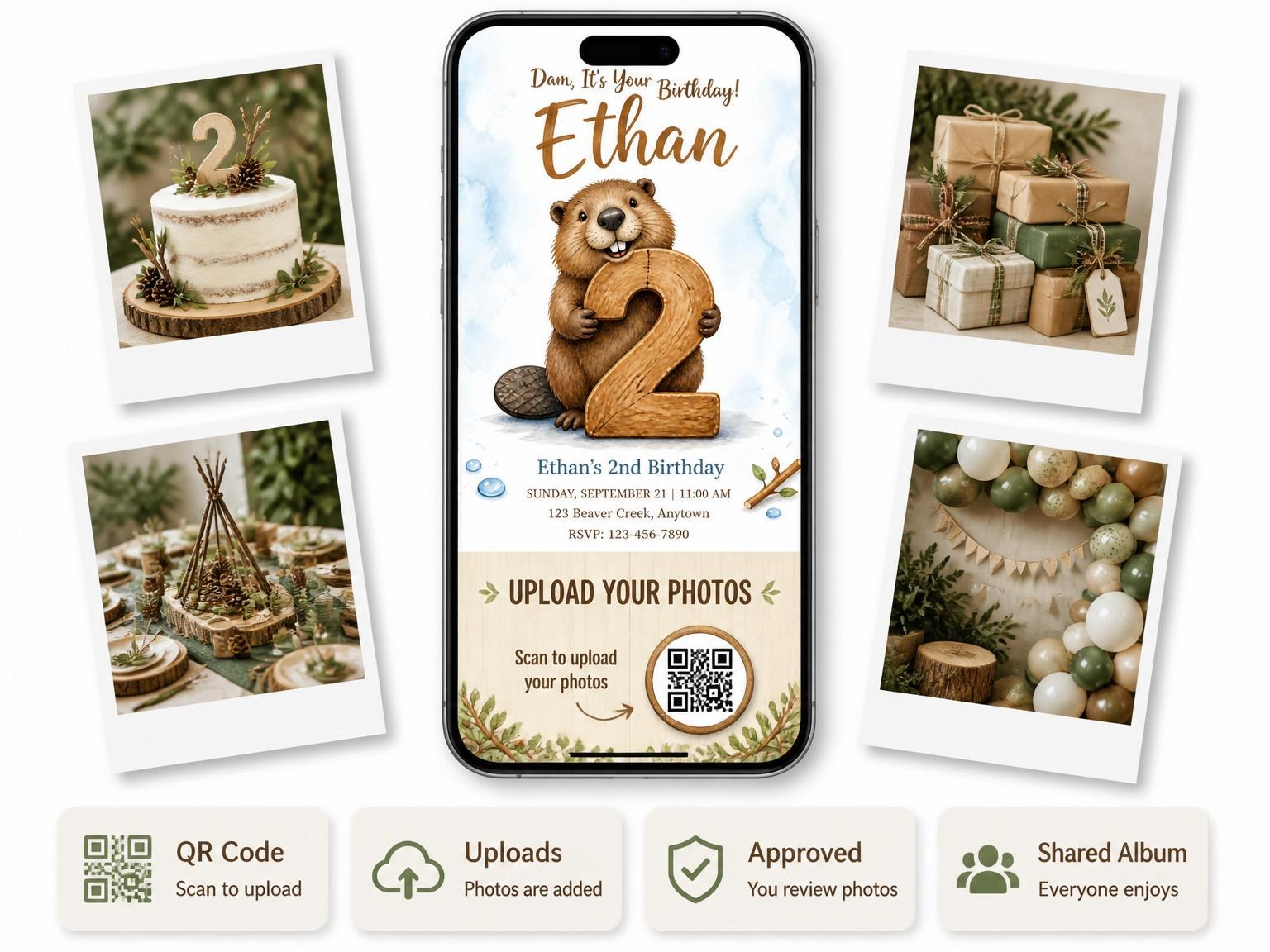 The shared photo gallery that comes with the Watercolor Beaver Wood 2nd Birthday invitation