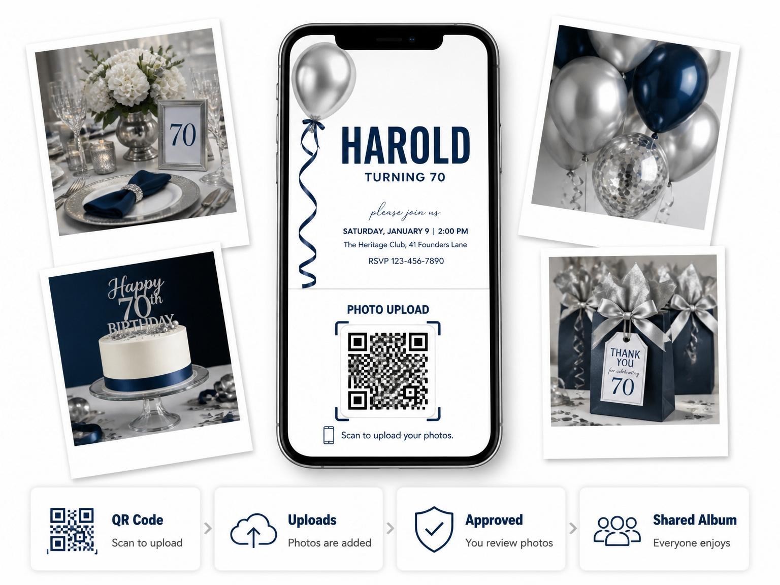 The shared photo gallery that comes with the Silver Balloon Navy 70th Birthday invitation