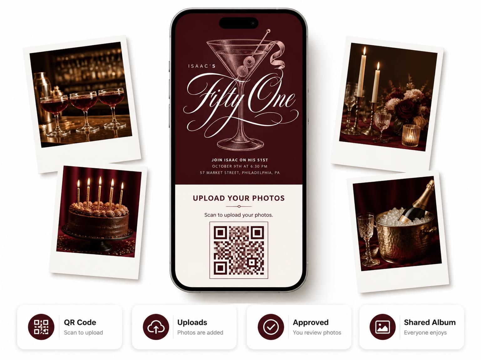 The shared photo gallery that comes with the Burgundy Cocktail 51st Birthday Invitation invitation