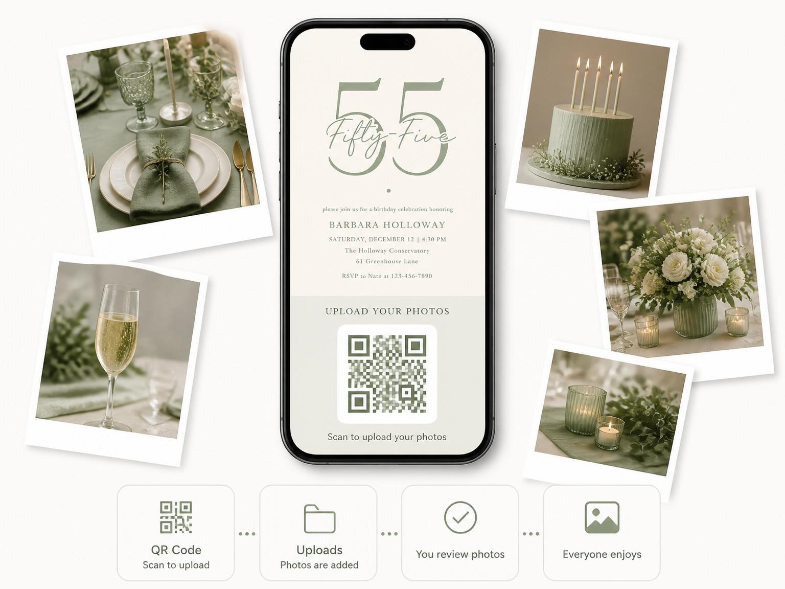 The shared photo gallery that comes with the Sage Green Sans Serif Milestone Birthday invitation