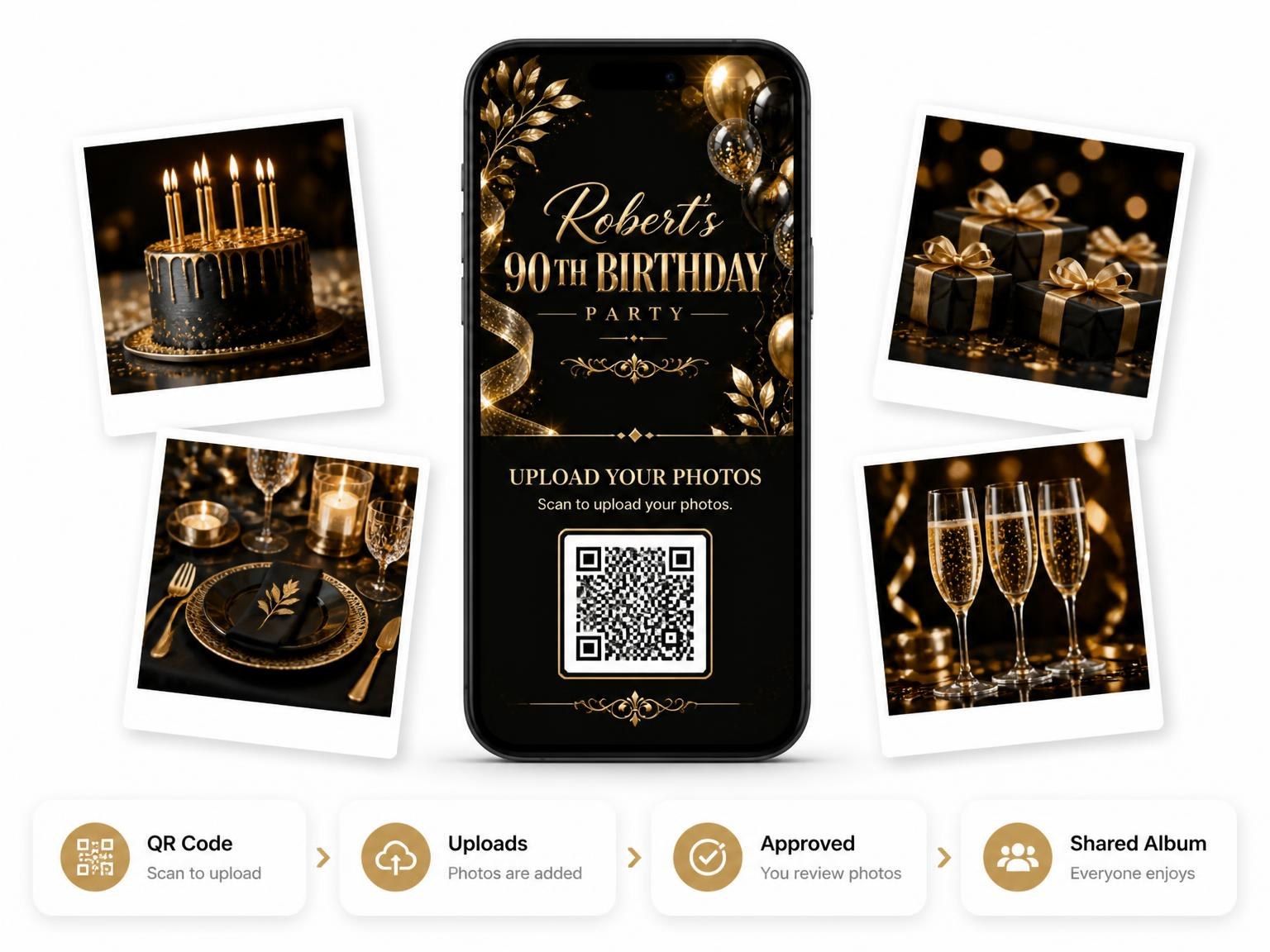 The shared photo gallery that comes with the Black and Gold 90th Birthday Invitation invitation