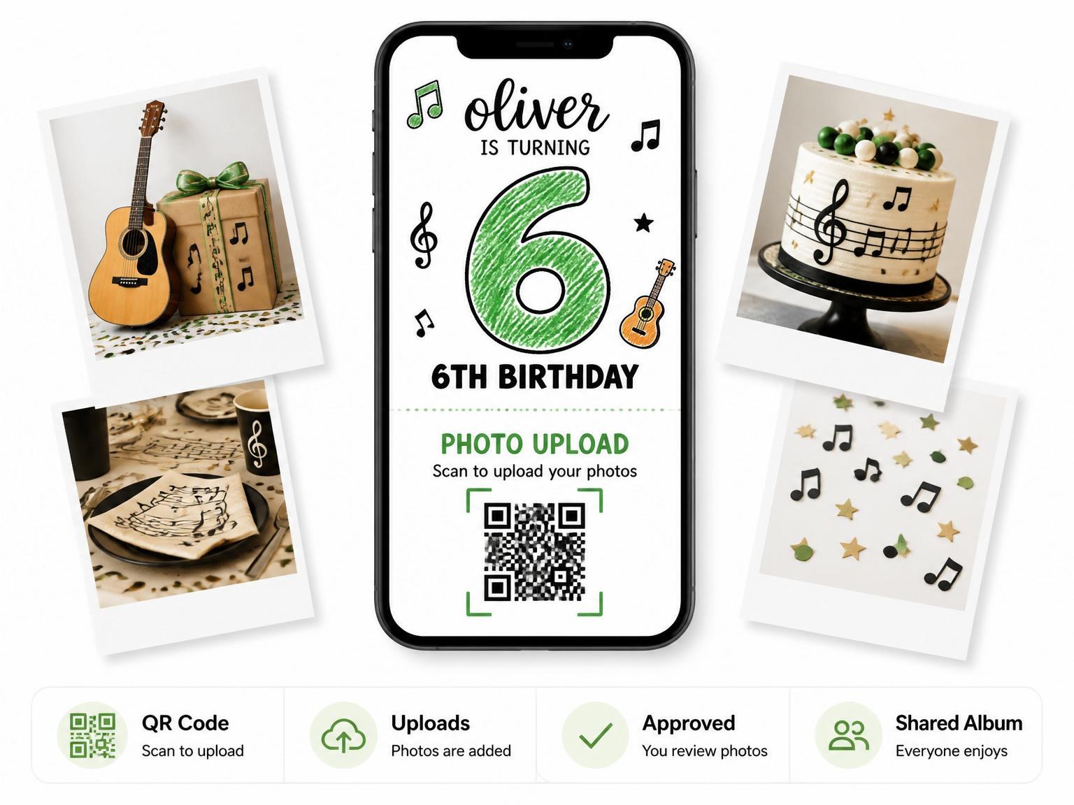 The shared photo gallery that comes with the Crayon Sketch Guitar Music 6th Birthday invitation