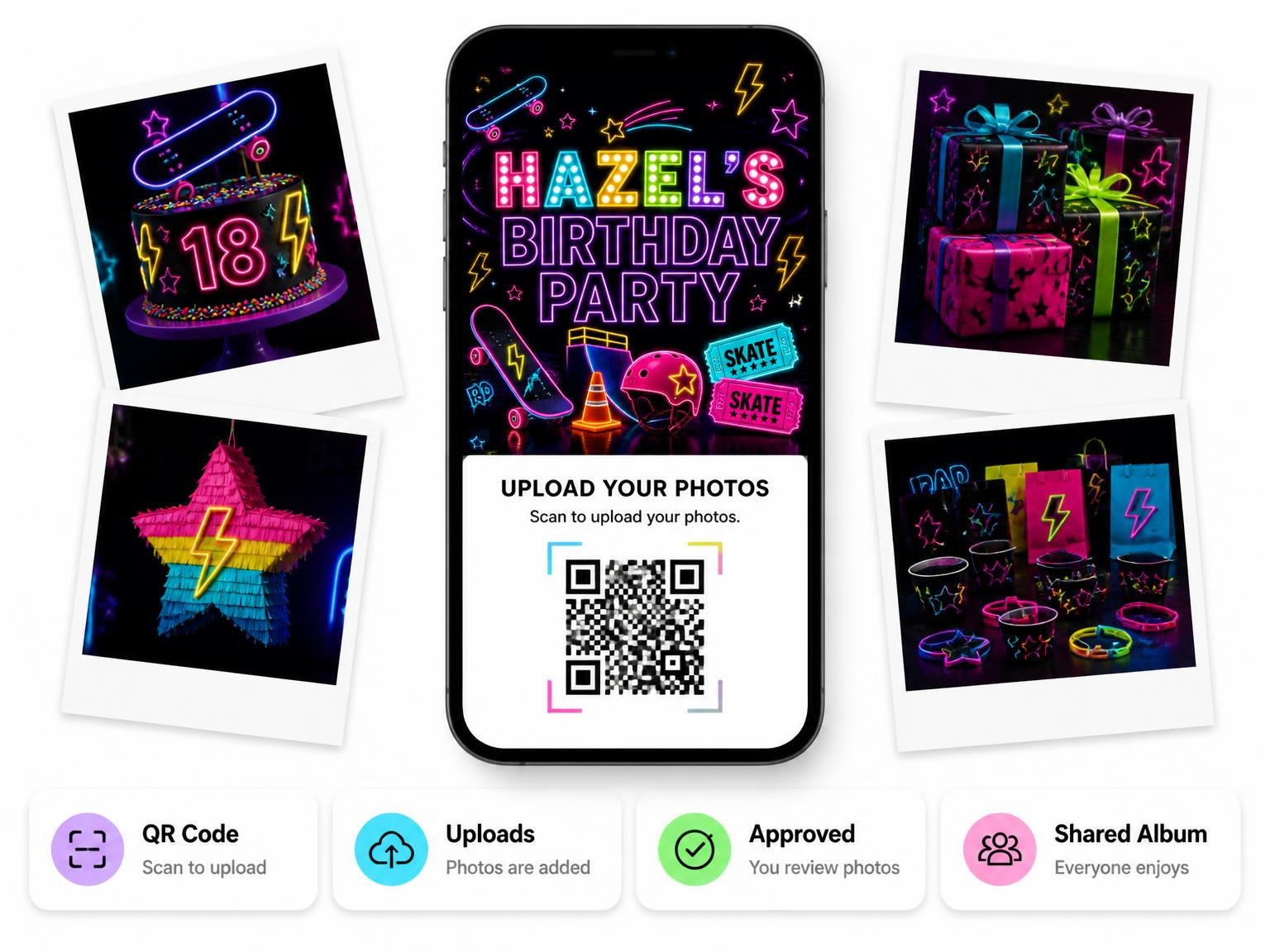 The shared photo gallery that comes with the Neon Skateboard 18th Birthday Invitation invitation