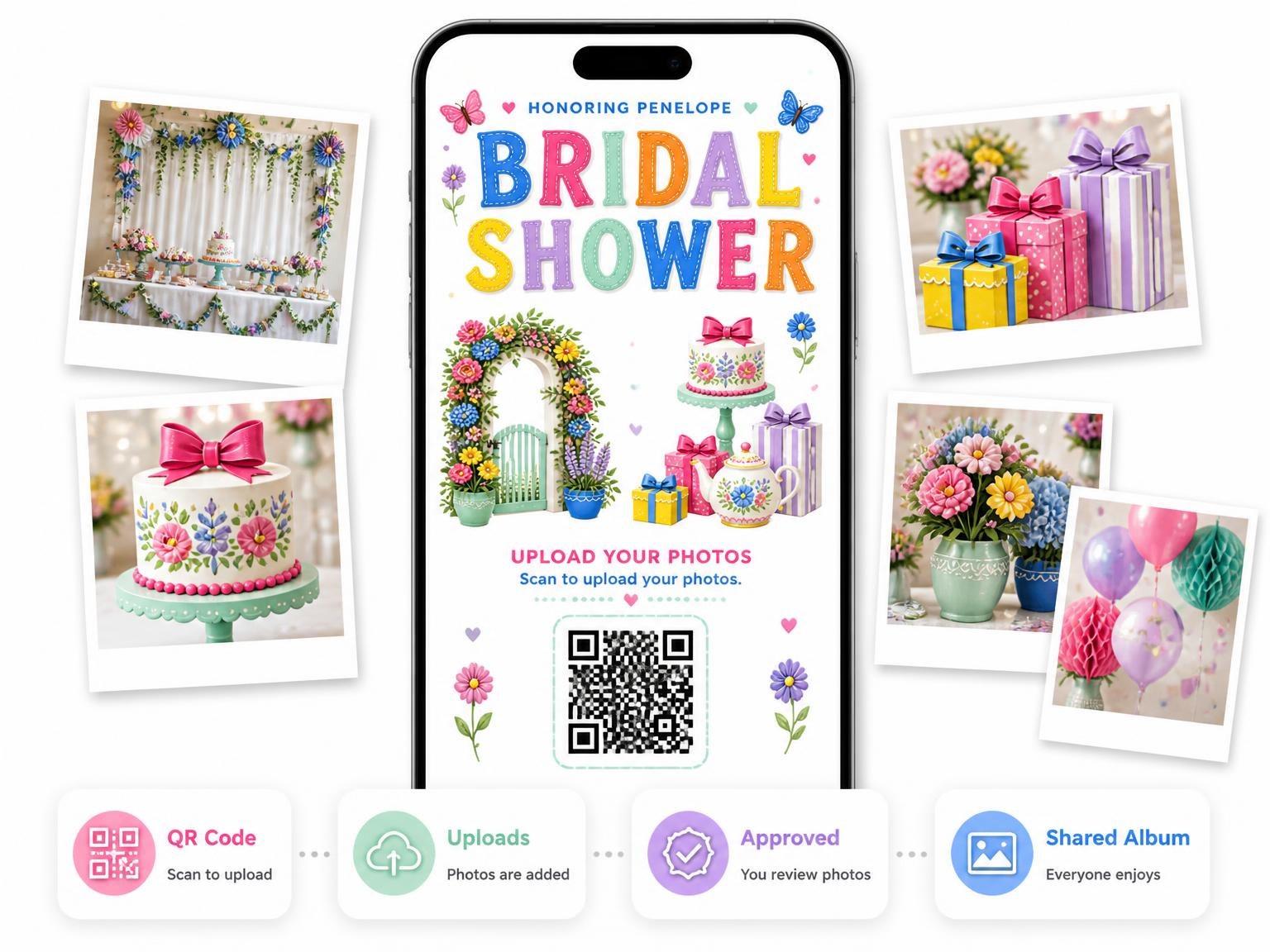 The shared photo gallery that comes with the Floral Arch Bridal Shower Invitation invitation