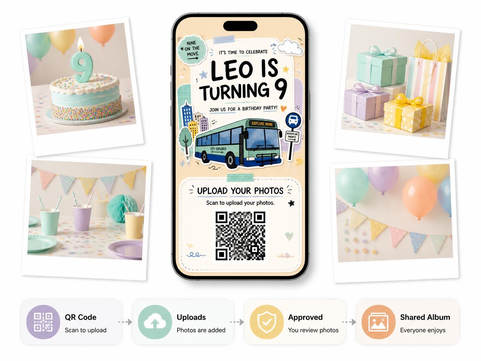 The shared photo gallery that comes with the Explorer Bus Pastel 9th Birthday Invitation invitation