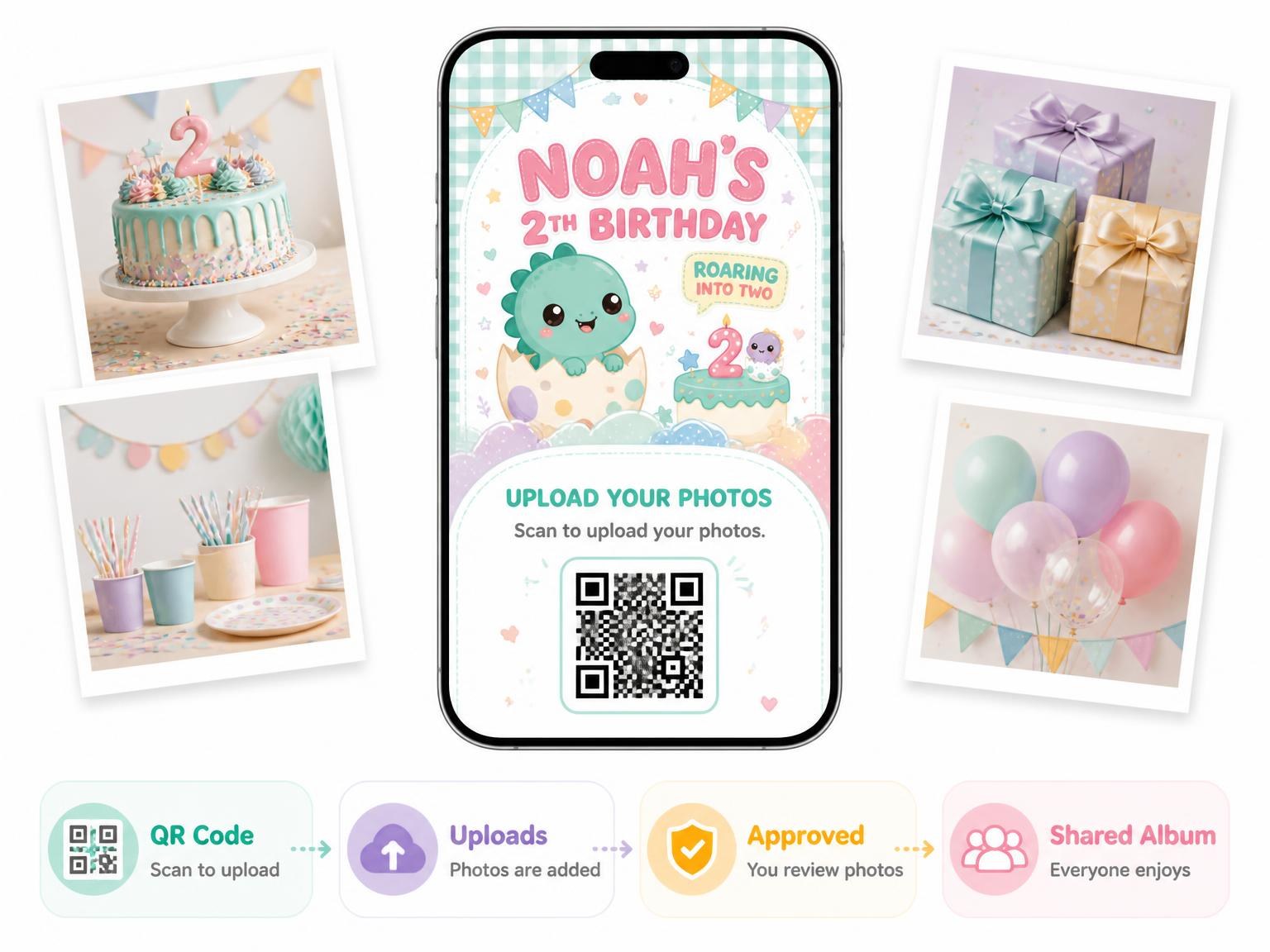 The shared photo gallery that comes with the Kawaii Baby Dinosaur 2nd Birthday Invitation invitation