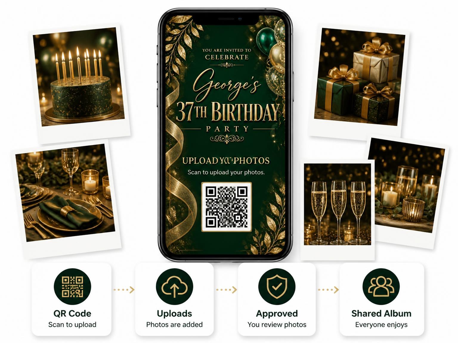 The shared photo gallery that comes with the Emerald and Champagne 37th Birthday Invitation invitation