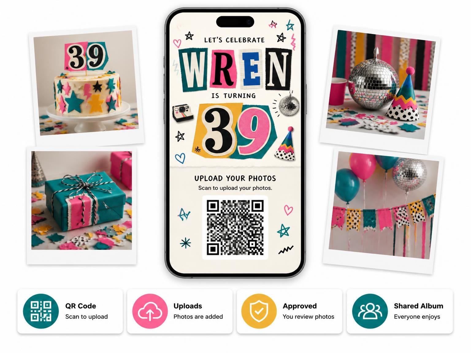 The shared photo gallery that comes with the Retro Paper Collage 39th Birthday Invitation invitation