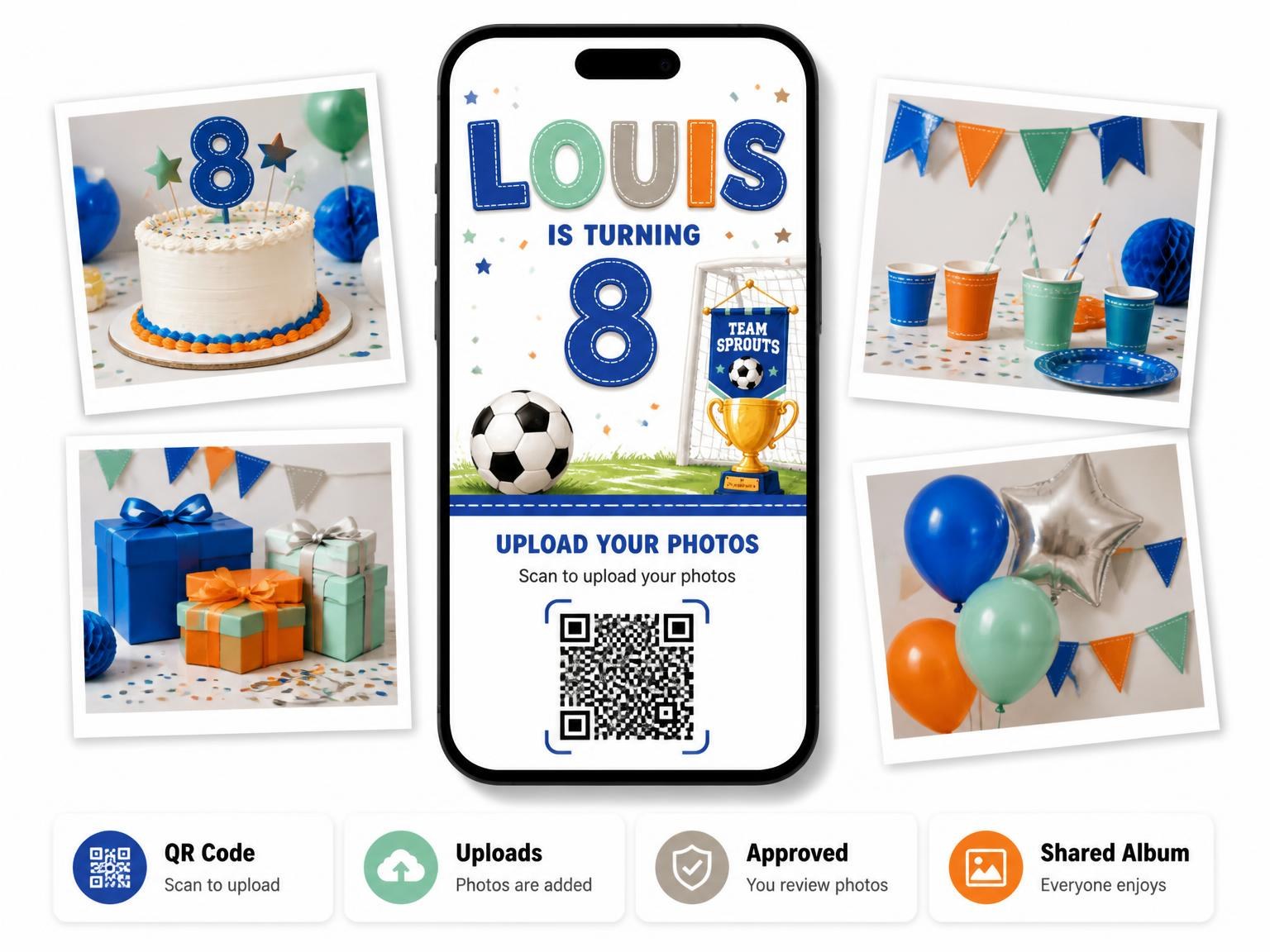 The shared photo gallery that comes with the Field Turf Stitched 8th Birthday Invitation invitation