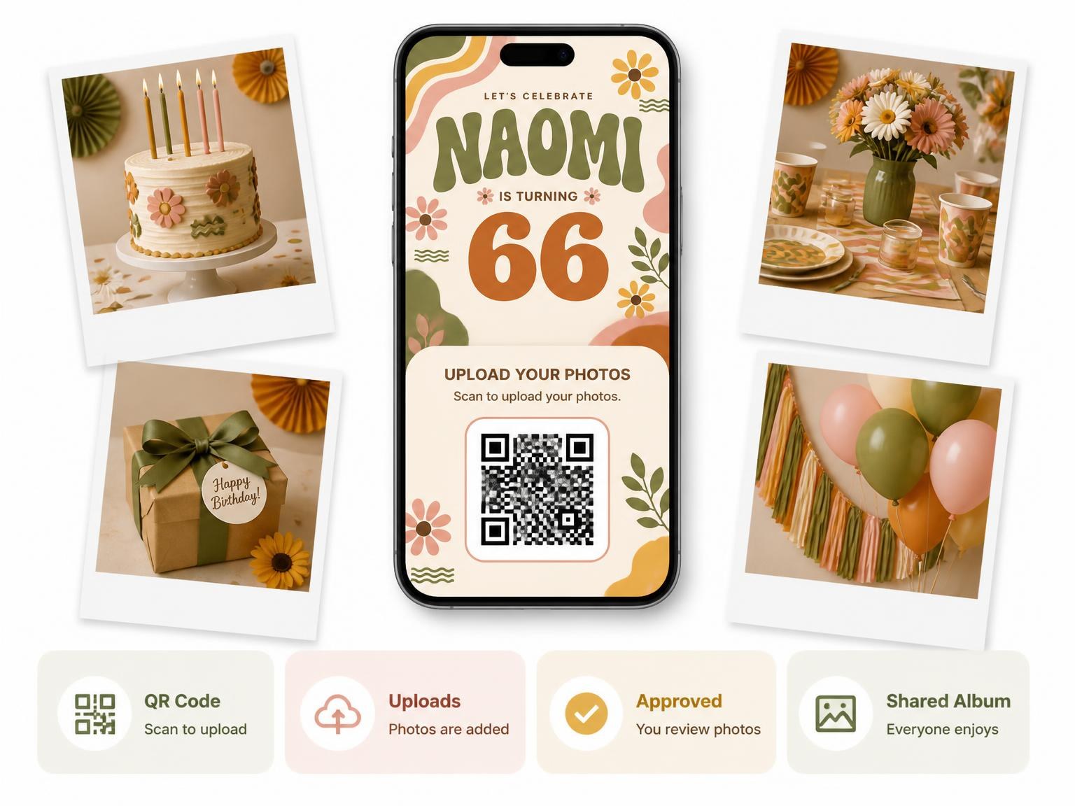 The shared photo gallery that comes with the Groovy Retro 66th Birthday Invitation invitation