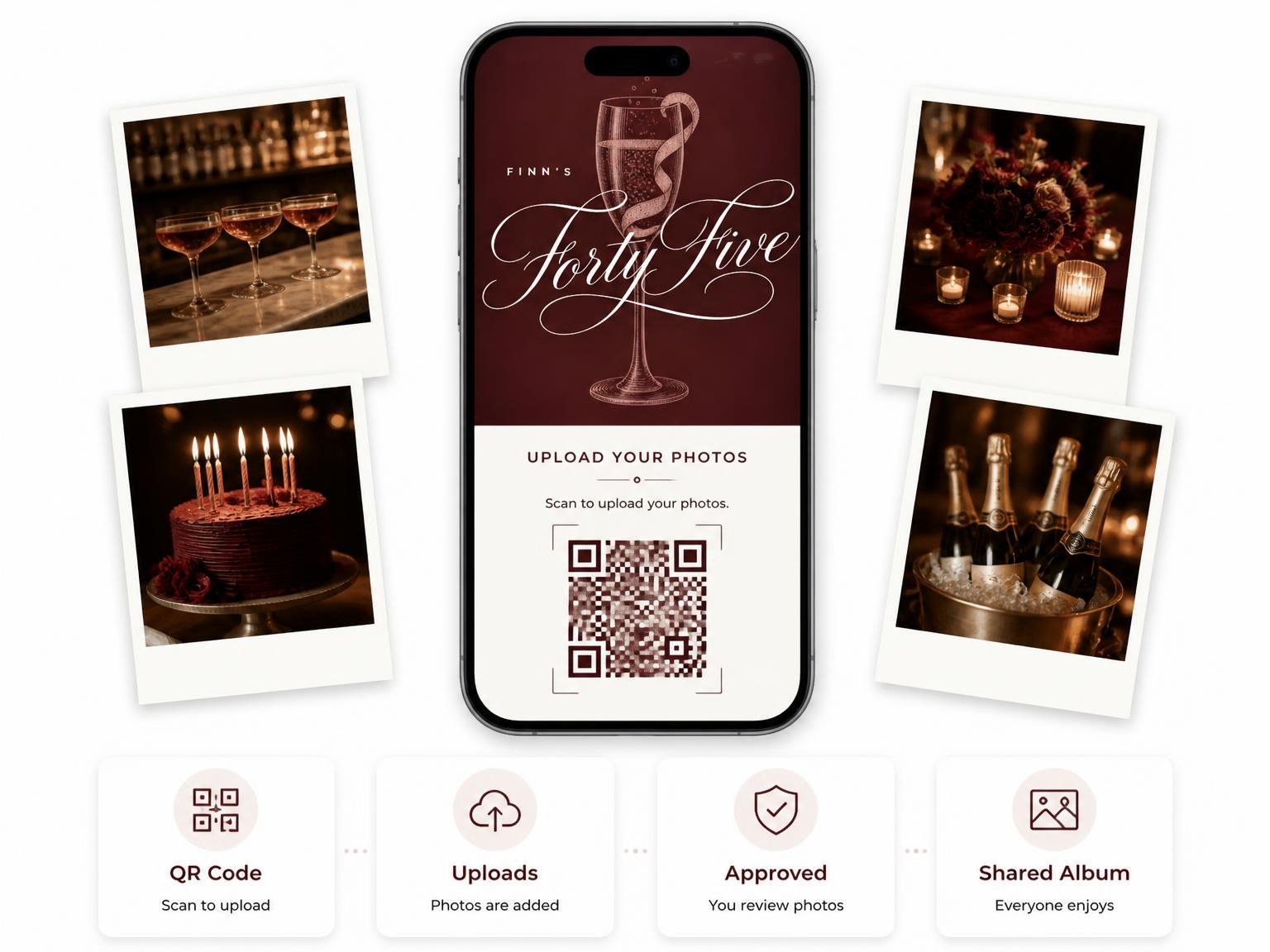 The shared photo gallery that comes with the Burgundy Cocktail 45th Birthday Invitation invitation