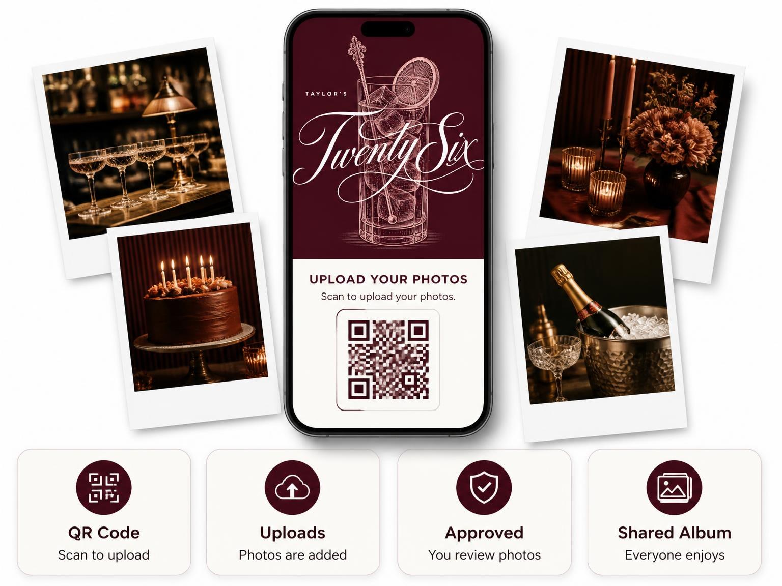 The shared photo gallery that comes with the Burgundy Cocktail 26th Birthday Invitation invitation